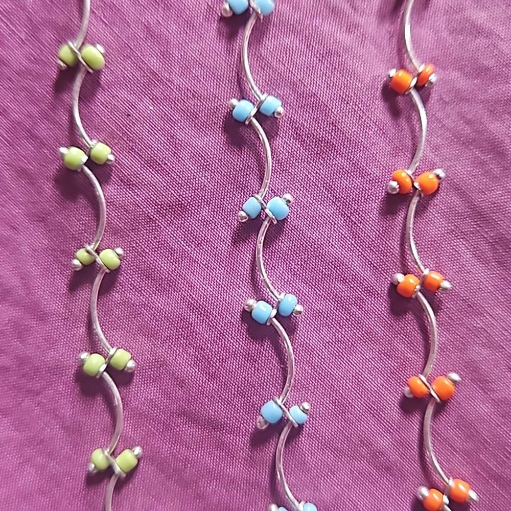 Set of 3 Avon Silver 9" Ankle Bracelets with Coral, Turquoise, and Green beads.